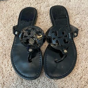 Tory Burch black patent flip flops